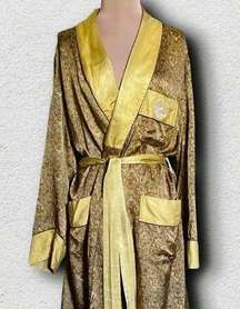 Unisex Vintage Silk and Cotton Chinese Robe, Gold, Bronze Paisley with Pockets