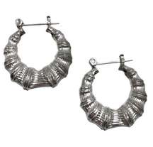 Vintage Bamboo Puffy Hoops Silver Graduated Hinge Closure 80s 90s