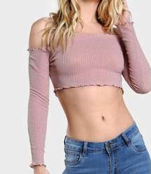 ✨HP✨Pink Rib Knit Lettuce Edge Crop Bardot Top✨