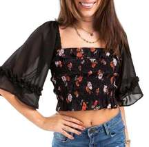 Angie | Crissa Smocked Floral Black Crop Blouse L