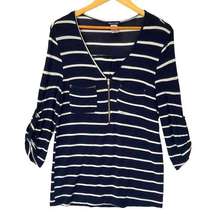 Olivia Blu Navy Blue White Half Zip Roll Tab Sleeves Knit Top Blouse