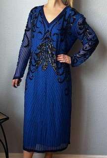 Vintage Oleg Cassini Blue Beaded Silk Shift Dress Size 14