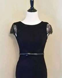 NEW London Dress Co ModCloth Black Lace Cap Sleeves Bow Belt Pinup Style Dress 4
