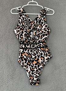 Tempt Me Women's Leopard Print One Piece Swimsuit V Neck Criss Cross Medium