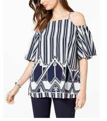 Navy Geometric Striped Cold-Shoulder Ruffle Sleeve Blouse- Size Medium