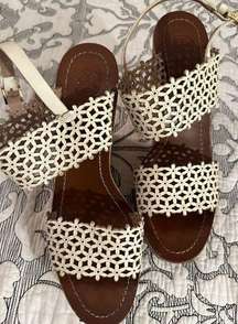 Tory Burch Cork Sandals Wedge Ivory Perforated Leather Daisy