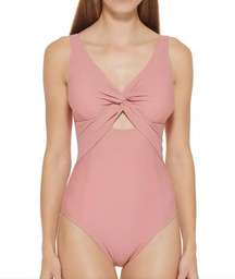 DKNY COMPACT CORAL Peek-a-Boo Twist One-Piece Swimsuit 16 NWT