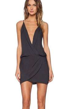 Michelle Mason Cami Wrap Plunge Mini Dress in Charcoal Gray 100% Silk Size M