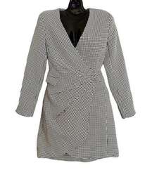 Houndstooth Asymmetrical Pleated Blazer-Style Wrap Mini Dress