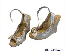 BP Gold Metallic Leather Espadrille Platform Slingback Wedge