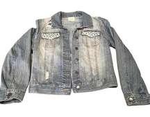 Harper Women Denim Lace Distressed Jean Jacket Size Medium