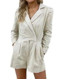 Day+Moon Women's Medium Cream Mina Cord Long Sleeve Collared Romper