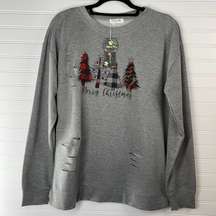 NWT Blooming Jelly Gray Crew Neck Distressed Pine Tree Christmas Sweater Size L