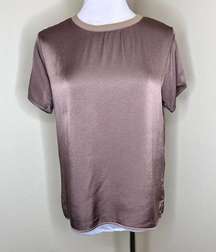 S'edge Top SMALL Brown Satin Silky Crewneck Short Sleeve Staple Viscose Modern