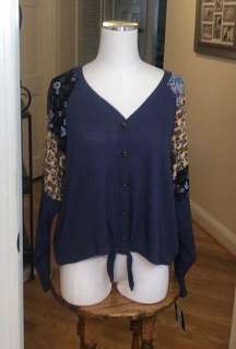 BY and By Blue Waffle Top with Patterned Sleeves