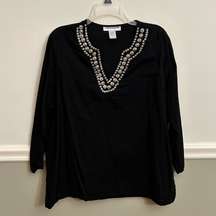 Cathy Daniels Black Cotton Embellished Grommet Bead Style V-Neck Top Size Large