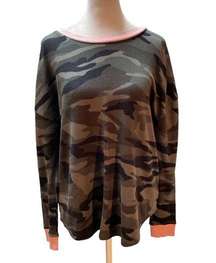 Green & Black Camo Print with Pink Trim Crew Neck Sweater Medium