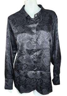 Joan Rivers Paisley Jacquard Button Front Blouse Black Womens Large Collar NWT