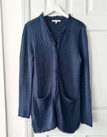 Cabi Navy Blue Duchess Speckled Confetti Hook Closure Fringe Trim Long Cardigan