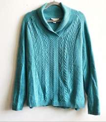 Coldwater Creek Sweater Teal Blue Shawl Collar Cableknit Sz L (14) GUC