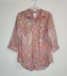 Chicos Eclectic Paisley Printed Floral 100% Linen Women S Button Front Shirt