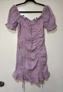 O.Vianca Women's Size Small Ruched Mini Ruffle Dress Lavender Puff Sleeve Eyelet