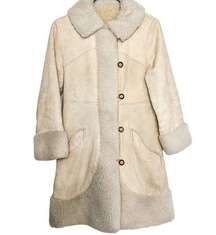 Vintage Leather Coat Shearling Lined with Toggle Buttons Cream