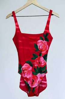 Vintage 70s 80s Red Rose Floral One Piece Swimsuit Size 10