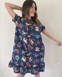 Vintage Handmade Zodiac Print Cotton Midi Short Sleeve Dress