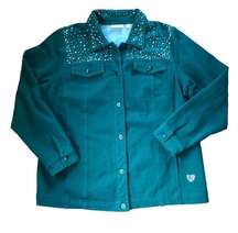 Dream Jeanne’s By Quacker Factory Studded Stretch Jean Jacket Sz L Dk Green