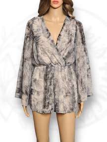 Mahina Boho Snake Print Long Bell Sleeve Surplice Neck Romper Size S