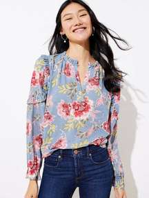 LOFT Blue Garden Floral Ruffle Split Neck Long Sleeve Petite Top 