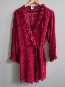 Natori Robe & Nightgown Set Red and Black Leopard Spots Ruffle Size Medium Large