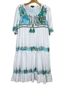 Tolani Dress Women XL White Embroidered Floral Midi Boho Shift Gauze 100% Cotton