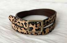 Leather Animal Hair Leopard Belt Gold Hardware Brown Tan Size Small