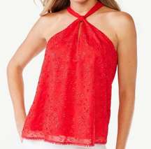 Sofia Vergara Eyelet Pom Pom Keyhole Halter Top Blouse Red Women S Small 4-6 NWT