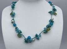 Howlite Pearl Peridot Quartz Beaded Necklace Artisan Made sterling silver blue