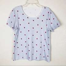 Vintage Blue & White Gingham Ladybug Picnic Pattern Scoop Neck Tshirt Size S