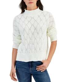 SUGAR MOON Sweater Juniors' Medium White Mock-Neck Chenille Pointelle Geometric