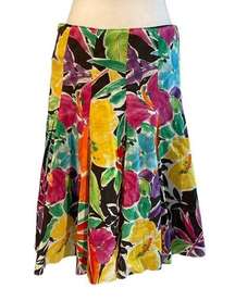 Lauren  Multi-Color Floral & Leaf Print Pleated Knee Length Skirt 4P