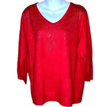 C. D. Daniels | Red Embellished Sweater 3/4 Sleeve Sparkle 1X