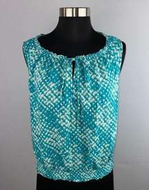 ANA Womens Petite Large L Blue Turquoise Elastic Neck Keyhole Lightweight Top