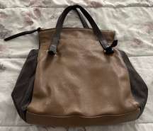 Leather Tan & Brown Colorblock Shoulder Bag Handbag, size 14x14x4 Made in Italy