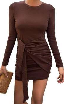 Runaway the Label Gio Long Sleeve Tie Waist Stretch Mini Dress Brown Size XL NWT