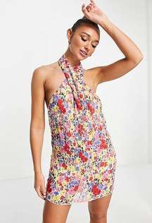 DESIGN plisse halter mini dress in bright floral print