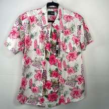 Sunrise Kingdom Women’s White & Pink Hibiscus Hawaiian Shirt size Small