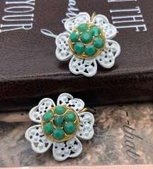 1950s Vintage Large Green Jade White Flower Petal Earrings Gold Tone