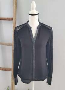 Madison Marcus Black Silk & Lace Button Down Top Leather Trim XS