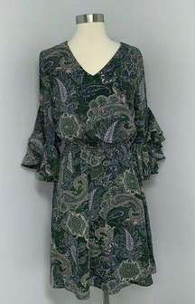 C Est 1946 Womens Gypsy Dress Size XS Olive Green Paisley 3/4 Bell Sleeve Boho