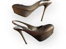 Sergio Rossi Lizard Embossed Peep Toe Sling Back Platform Heels Bronze Size 40